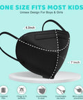 Colorful KN95 Disposable Face Masks For Children Pack Of 50, black mask side view with dimensions, 5 layer protection features.