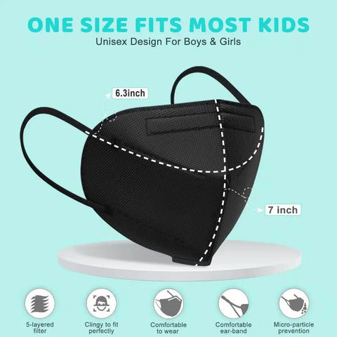 Colorful KN95 Disposable Face Masks For Children Pack Of 50, black mask side view with dimensions, 5 layer protection features.