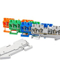 Ten Pack DIN Rail Terminal Block 4 Wire 2.5mm2 Spring Clamp Connector 300V ST 2.5 Quattro Green Heavy Duty For Industrial Control Panels