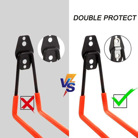 Comparison of two Heavy Duty Wall Mount Garage Hooks 4 Pack Set Double U Hook Organizer for Ladder Chairs Tools showing reinforced bracket.