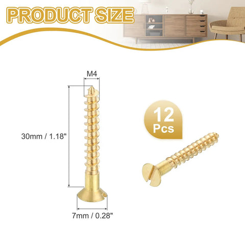 Brass Slotted Flat Head Wood Screws M4 x 30mm Self-Tapping For Indoor Furniture Appliances And Woodworking Pack Of 12