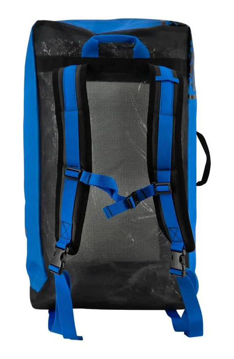 Back view of Azul 65L Mesh Backpack For Scuba Gear With Full Top Zipper Access, showing shoulder straps and recycled polyester 600D material.
