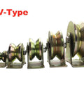 Premium Heavy Duty Steel Swivel Caster Wheels With V Groove Track And Dual Bearings For A Sweet Glide On Sliding Doors, showing various sizes.