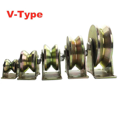 Premium Heavy Duty Steel Swivel Caster Wheels With V Groove Track And Dual Bearings For A Sweet Glide On Sliding Doors, showing various sizes.