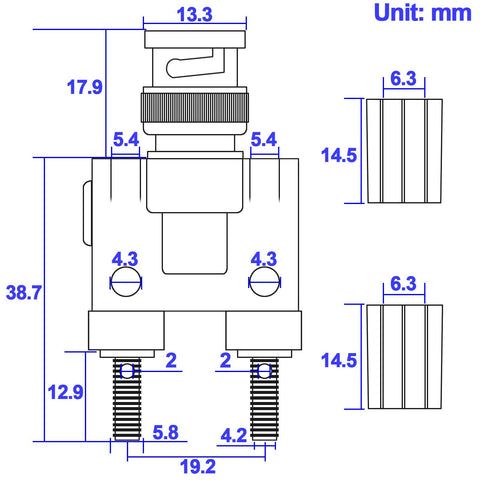 Technical diagram of BNC Male To Dual 4mm Banana Binding Post Female Jack Adapter For RF Coaxial Systems Coax Splitter Connector