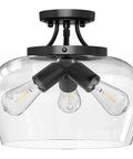 3-Bulb Industrial Style Semi Flush Mount Ceiling Light With Clear Glass Shade, Matte Black Fixture, E26 Base, 13.8 Inch