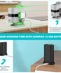 Self Leveling 4D Laser Level With 4X 360 Cross Lines Green Beam 197 Ft Range for tiling and ceiling installations shown with charging setup.