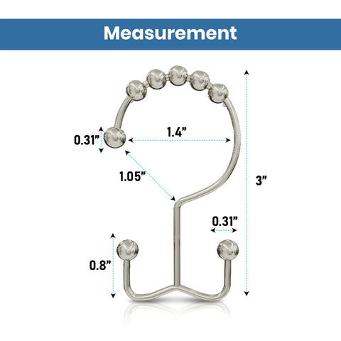 Double Glide Shower Curtain Hooks Set Of 12 Stainless Steel Rust Proof Nickel Finish with detailed measurements diagram