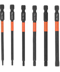 6 Piece Heavy Duty Black Impact Driver Bit Set With Mighty Magnets For 1/4 Inch Hex Shank, Tough High Carbon Steel Cross Bits Perfect For Furniture Building And Car Mechanic Repairs That Hold Tight. Six black TS2 hex shank bits, sizes H2 to H6