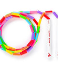 Colorful segmented beaded rope with white handles; Kid Friendly Beaded Jump Rope For Exercise Segmented Beaded Rope Shatterproof Durable Outdoor Rope Lightweight And Tangle Free Adjustable 7ft Jump Rope For Fitness Training At Home Gym Or Park visible.