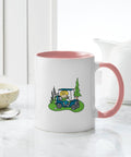 Premium Quality Ceramic Coffee Mug With Dope Golf Cart Graphics Made To Keep Up With Your Daily Grind Ideal For Iced Lattes Or Strong Black Coffee During Your Office Routine, featuring pink interior and golf cart design.