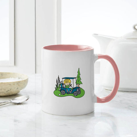 Premium Quality Ceramic Coffee Mug With Dope Golf Cart Graphics Made To Keep Up With Your Daily Grind Ideal For Iced Lattes Or Strong Black Coffee During Your Office Routine, featuring pink interior and golf cart design.
