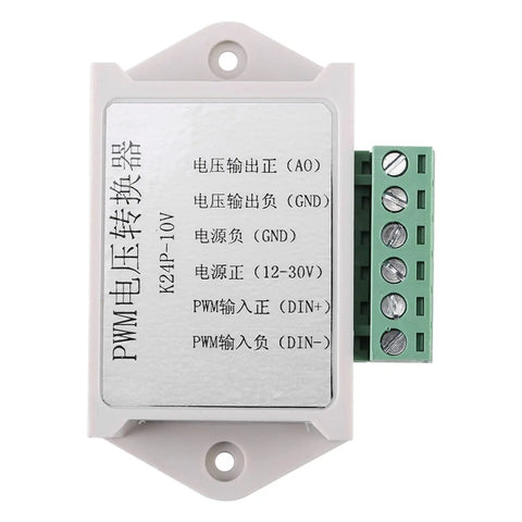 PWM To Analog Converter Module For PLCs And Industrial Control Boards Digital To Analog Voltage Converter Adapter 24V Input With Reverse Polarity Protection Easy Interface Switch Between Chips White Housing showing terminal connections on label.