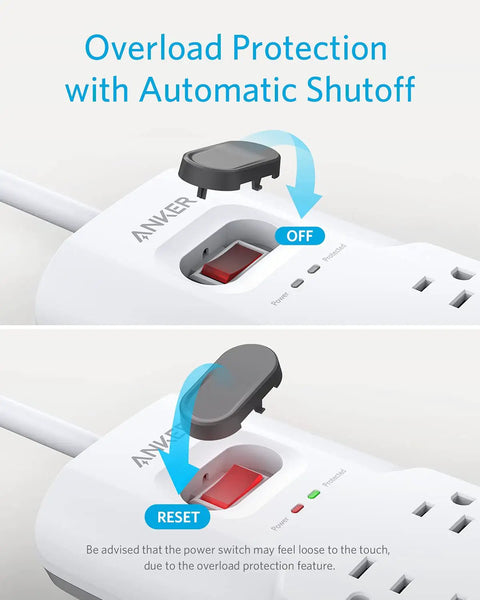 Power Strip Surge Protector With USB, 6 Foot Extension Cord, 8 Outlets And 2 USB Ports, Flat Plug, overload protection button detail