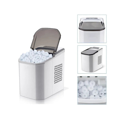 Fast Freeze Countertop Ice Maker Delivering Quick Snap Cubes And No Fuss Automatic Cooling With Portable Compact Design For Cozy Home Bar Or Weekend Hangout Vibes with ice cubes visible in grey and white.