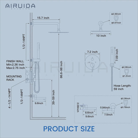 Diagram of Do It All Three Function Shower System With Tub Spout And Ten Inch Round Rainfall Shower Head Handheld Spray Includes Rough In Valve And 360 Degree Rotating Drain Brushed Nickel Finish with dimensions and installation details