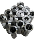 R8 Precision Pro Grade Round Collet Set, 13 Piece, 65Mn Steel, Sizes 1/8 to 7/8 Inch, arranged in a cluster, top view
