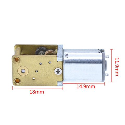 DIY Micro DC Gear Motor 3V 6V 12V Low Speed Reducer With 15 30 60 63 120 RPM Options, compact metallic design, side view with dimensions