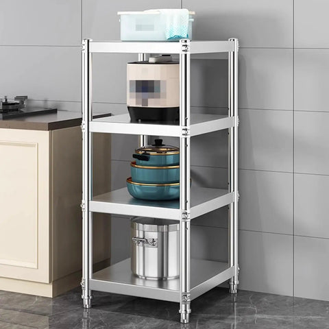 Top Grade Rust Proof Stainless Steel Shelving System With Four Tier Heavy Duty Storage Rack for kitchen holding pots and containers.
