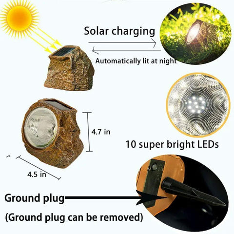 Diagram of Solar Powered Rock Lights Outdoor Dope 2 Pack With 10 LED Waterproof Stones, showing dimensions and solar charging process.