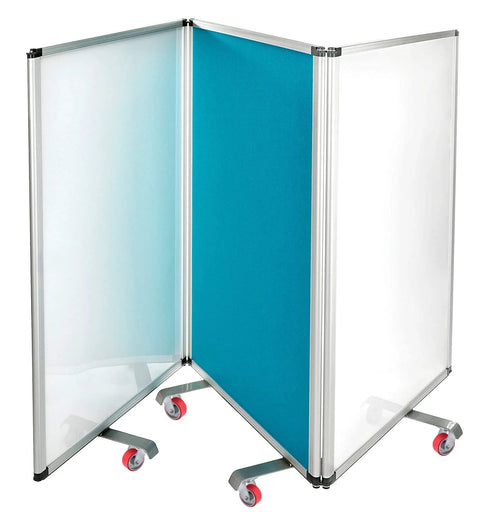 Mobile room divider with metal frame and panels on wheels