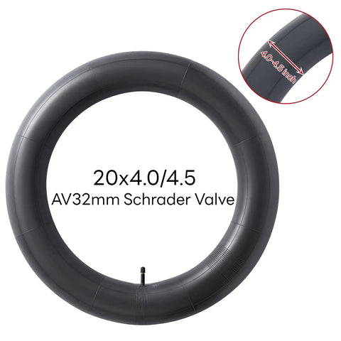 Self Sealing And Self Healing 20x4.0-4.5 Fat Bike Inner Tube With AV32mm Schrader Valve displayed with size details