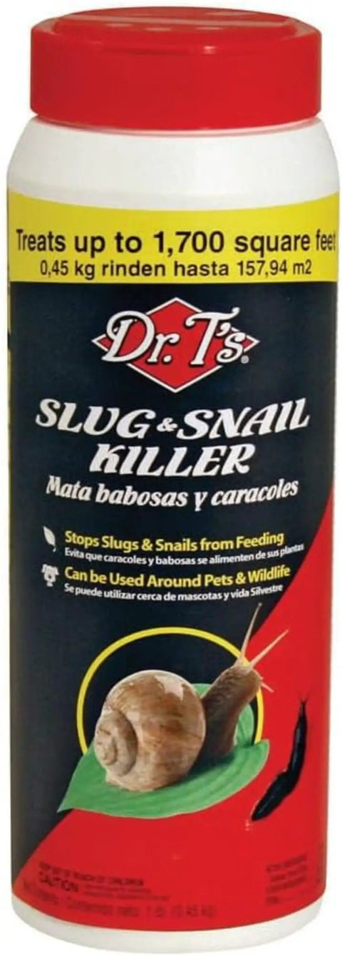 Container of Dr. T's slug and snail killer for gardens that really works, dries out slugs and snails to stop feeding, covers up to 3,400 sq ft per 2 lb bag, safe around pets and wildlife, effective on 40 crop types, weatherproof performance.