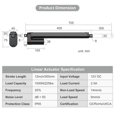 Justech 12V heavy-duty linear actuator with brackets; 300mm stroke, 1000N load, IP65