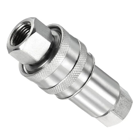 Top Tier Heavy Duty Hydraulic Quick Connect Coupler M16x1.5 Female Thread Fitting Carbon Steel High Pressure Auto Lock Seal Slick Push Mechanism No Leak Boss For Rigged Up Jobsite Equipment And Tool Accessories Made To Last Durability, silver hydraulic quick connect coupler with threaded female end