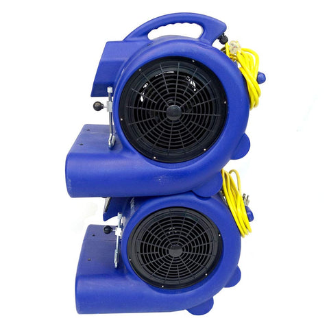 Stacked heavy duty air movers and carpet dryers with three quarter HP motor delivers 2800 CFM and durable housing, side view.