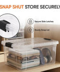 12 Pack 21 Qt Clear Storage Bins With Snap Tight Lids Stackable Plastic Containers Bpa Free Non Toxic Odor Free Bulk Sorting Tubs For Home Organization showcasing a sturdy snap lid and secure side latches.
