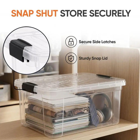 12 Pack 21 Qt Clear Storage Bins With Snap Tight Lids Stackable Plastic Containers Bpa Free Non Toxic Odor Free Bulk Sorting Tubs For Home Organization showcasing a sturdy snap lid and secure side latches.