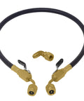 Front view of Leak Saver AC injector hose kit with black hose and dual brass ball-valve fittings
