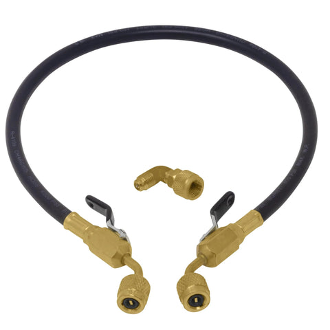 Front view of Leak Saver AC injector hose kit with black hose and dual brass ball-valve fittings