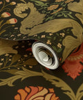 Fresh Retro Botanical Wallpaper With Dope Blue And Gold Metallic Finish, showing lush floral design on a rolled panel.