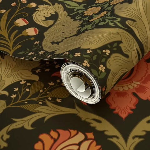 Fresh Retro Botanical Wallpaper With Dope Blue And Gold Metallic Finish, showing lush floral design on a rolled panel.