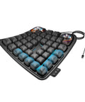 Electric inflatable wheelchair cushion with 40 air cells and top mount pump for comfort and pressure sore prevention.