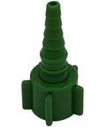 Green plastic oxygen tubing connector with barbed Christmas-tree fitting, front view.