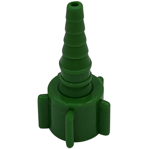 Green plastic oxygen tubing connector with barbed Christmas-tree fitting, front view.