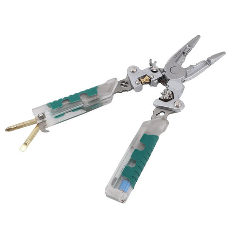 Heavy Hitter Multifunctional Wire Stripper With Crimper Cutter And Non Contact Voltage Tester showing metal and plastic pliers for electrical work.