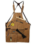Heavy Duty Waxed Canvas Apron For Woodworking With Pockets And Cross Back Straps, tools in pockets, brown, water resistant, S-XXL.