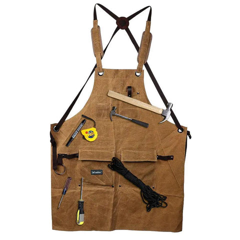 Heavy Duty Waxed Canvas Apron For Woodworking With Pockets And Cross Back Straps, tools in pockets, brown, water resistant, S-XXL.