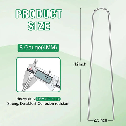 Diagram of Heavy Duty 12 Inch 8 Gauge Galvanized Landscape Staples, shows 8 gauge, 12 inch length, U shape, 4mm diameter.