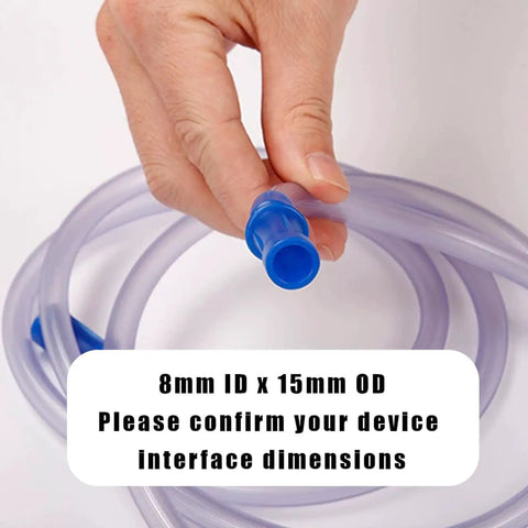 Close-up of hand holding a blue 9mm attachment tip of Two Pack 6.5 Foot Flexible Vacuum Hose Set For Home Use Portable Multipurpose Hoses Kink.
