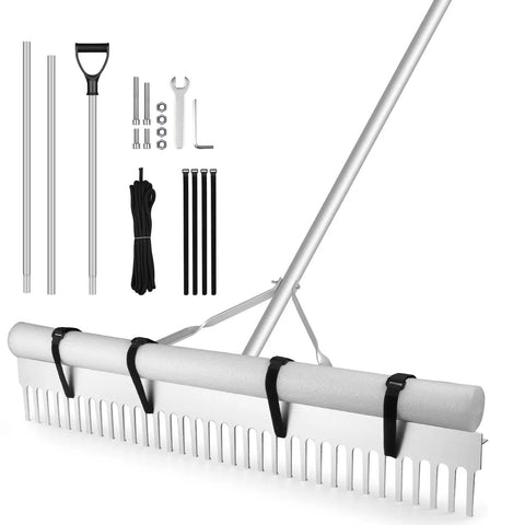 Floating Lake Weed Rake With 134 Inch Extension Handle And 20 Foot Rope, 36 Inch Aluminum Heavy Duty Pond Rake with assembly tools