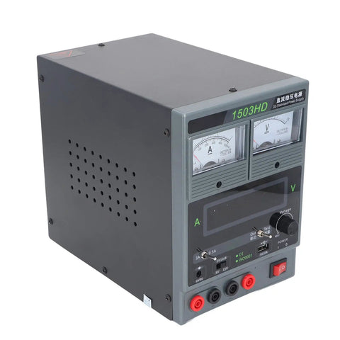 Heavy Duty Variable DC Power Supply 15V 3A Regulated Stabilized With Dual Display And USB Charging Port US Plug Ideal For Electronics Repair And Prototyping Fast Protection Against Short Circuit And Overcurrent With Automatic Recovery, front view