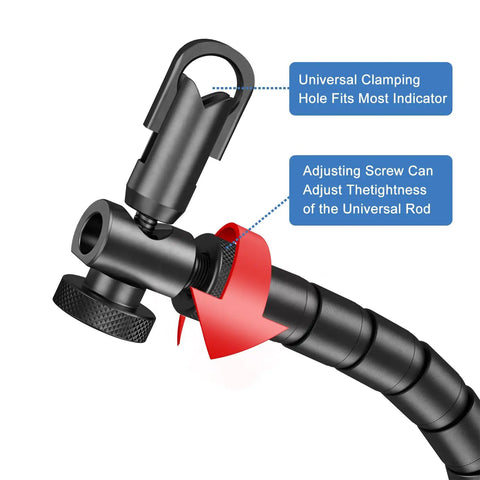 Close-up of flexible arm base for Dial Indicator 0-10 mm With Magnetic Base For Precision Machining, showing screw and clamping hole.