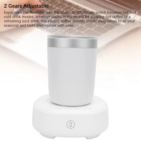 Electric Smart Coffee Mug Warmer And Cooler Pad With Dual Adjustable Temperature Settings on a white base with a silver cup.