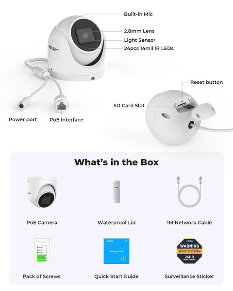 5MP Outdoor PoE Cam Dome Turret with 2.8mm Wide Lens, 97 Degree View, 100ft Night Vision, H.265 Plus, accessories shown.