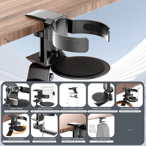 2 In 1 Desk Cup Holder And Headphone Hook, 360 Degree Rotating Aluminum Alloy Bracket attached to desk edge